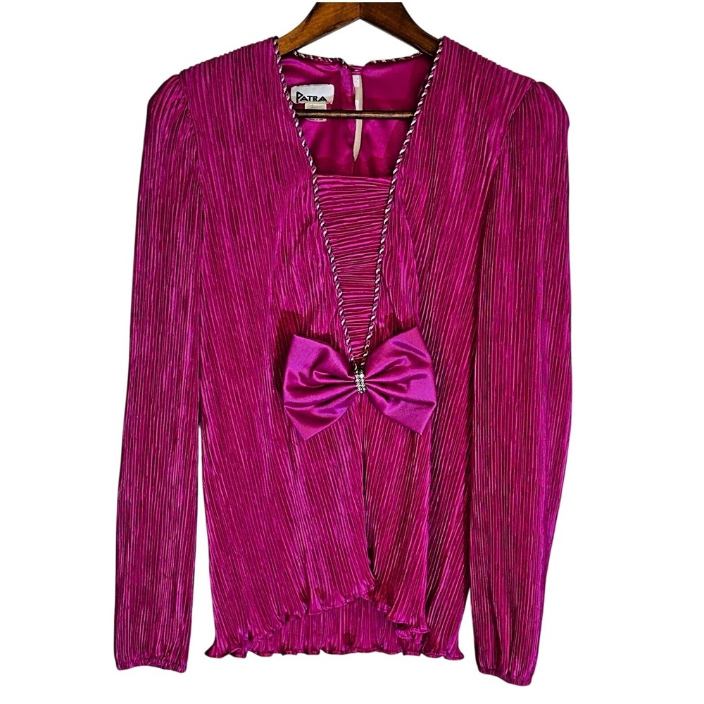 Patra Vintage Pleated Embroidered Bowtie Rhinestones Blouse Top size 8 USA